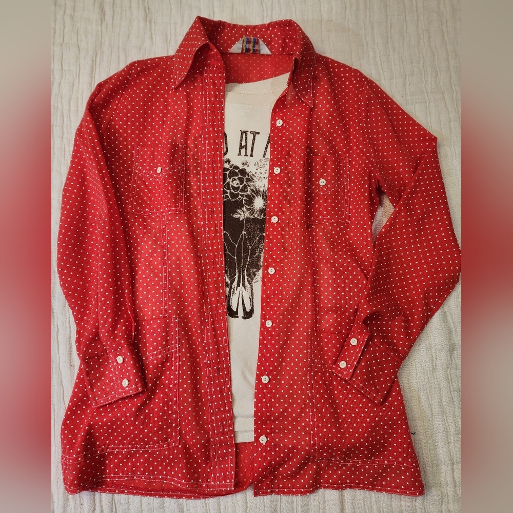 VINTAGE Red and White Swiss Dot  Button down Shirt Size Small